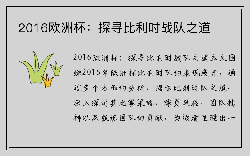 2016欧洲杯：探寻比利时战队之道